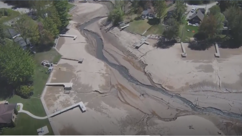 SkyEye 3 shows Wixom Lake and surrounding area after dam breach WWMT