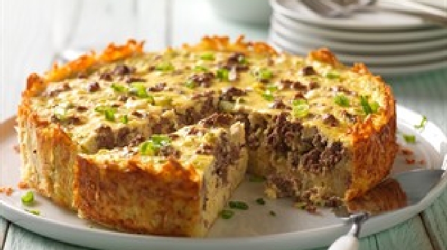 Country Beef Breakfast Sausage and Goat Cheese Egg Bake with Hash-Brown Crust